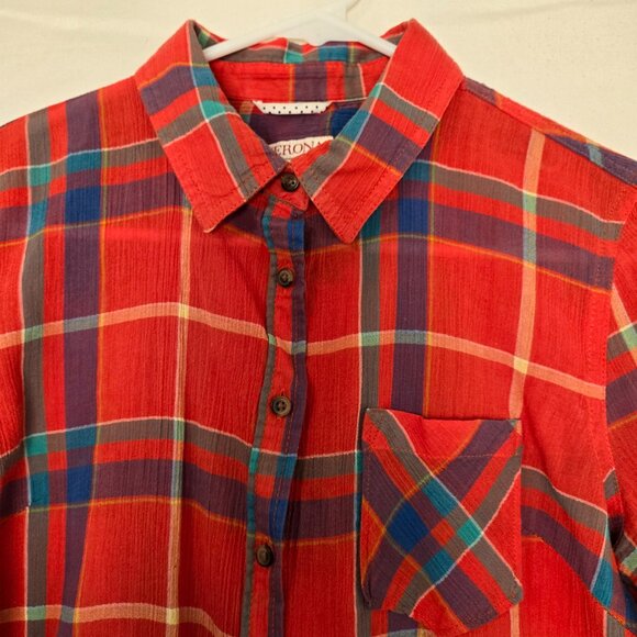 Merona Woman's Casual Orange Plaid Long Sleeve Blouse Button up Size S/P - Picture 3 of 9